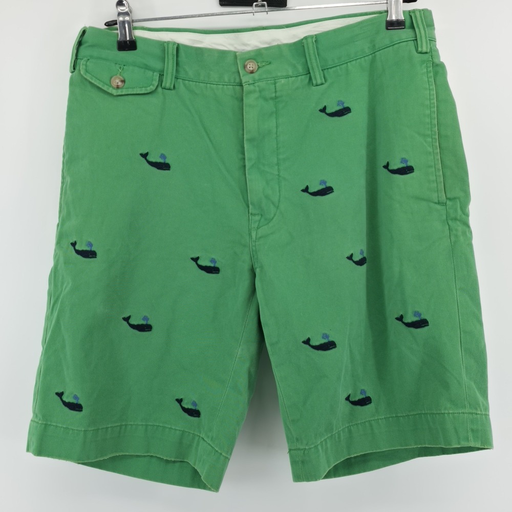 Polo Ralph Lauren Green Chino Shorts Mens Sz 32‎ X 9"  All Over Whale Pattern